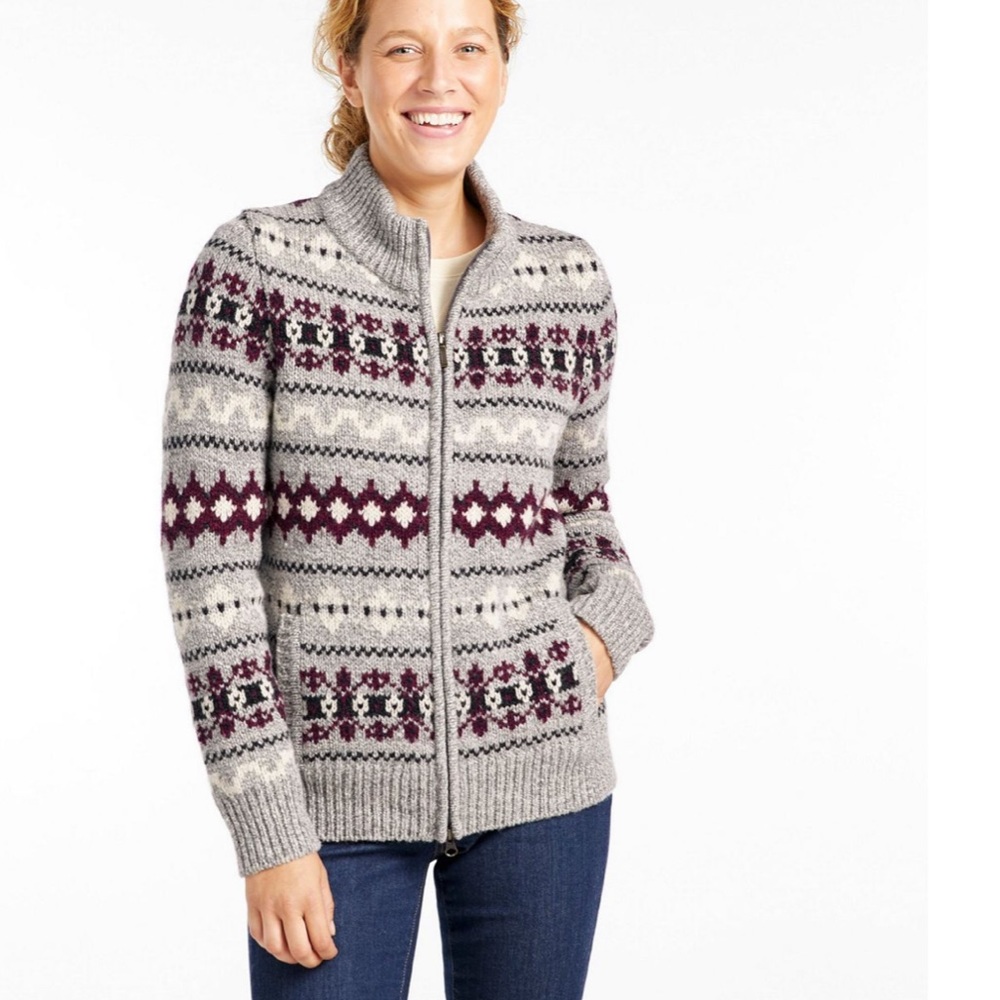 L.L.Bean  Classic Ragg Wool Sweater, Zip Cardigan Vintage Fair Isle